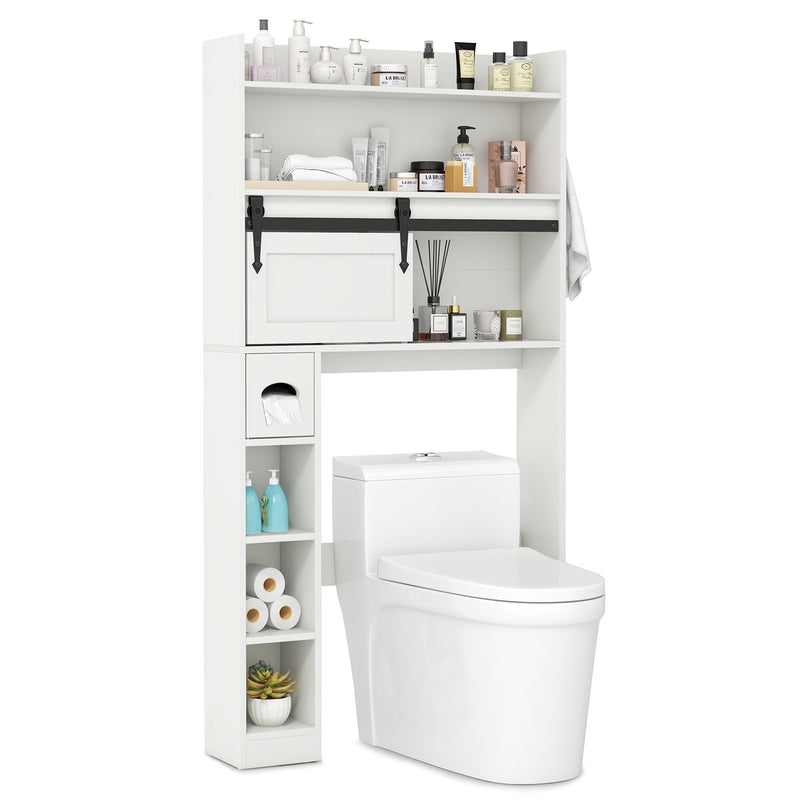 Over The Toilet Storage Cabinet with Sliding Barn Door and Adjustable Shelves-White