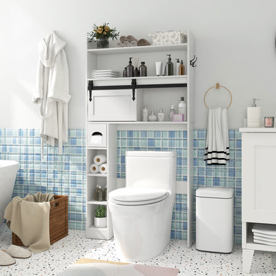 Over The Toilet Storage Cabinet with Sliding Barn Door and Adjustable Shelves-White