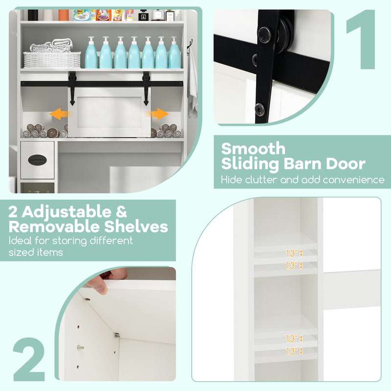 Over The Toilet Storage Cabinet with Sliding Barn Door and Adjustable Shelves-White