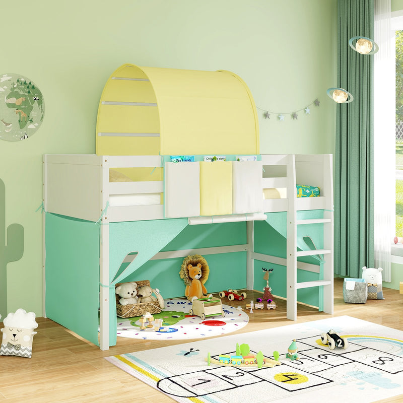 *Twin Size Loft Bed Playhouse Bed Frame with Tower Tent and 3 Storage Pockets - Turquoise