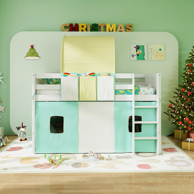 *Twin Size Loft Bed Playhouse Bed Frame with Tower Tent and 3 Storage Pockets - Turquoise