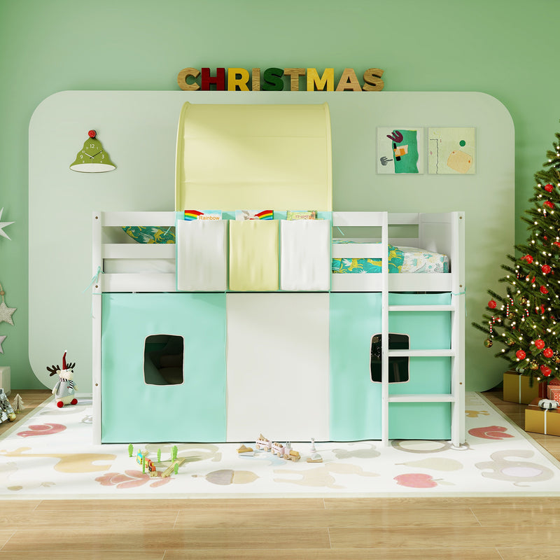 *Twin Size Loft Bed Playhouse Bed Frame with Tower Tent and 3 Storage Pockets - Turquoise