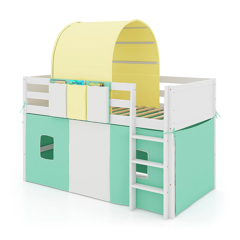 *Twin Size Loft Bed Playhouse Bed Frame with Tower Tent and 3 Storage Pockets - Turquoise