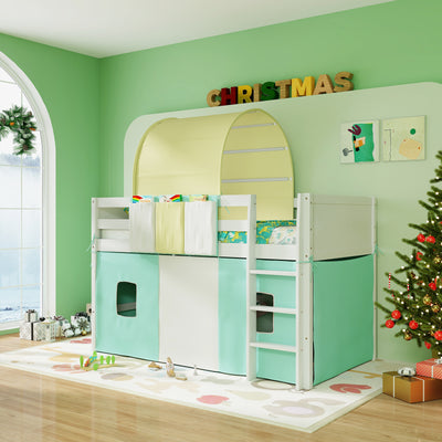*Twin Size Loft Bed Playhouse Bed Frame with Tower Tent and 3 Storage Pockets - Turquoise