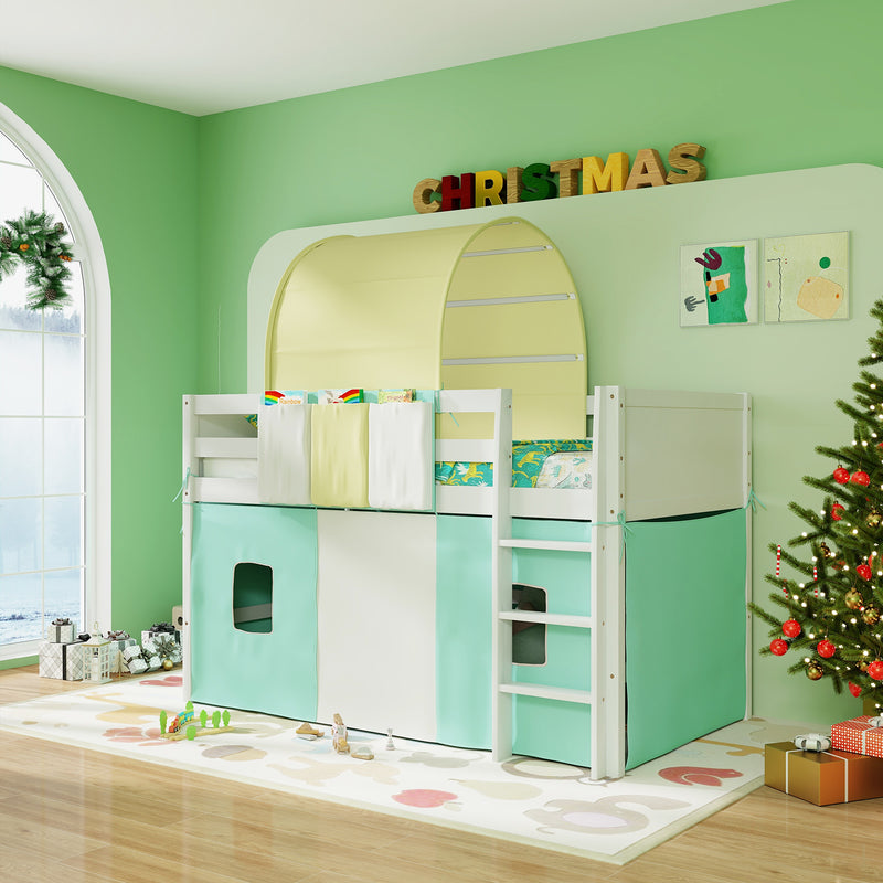 *Twin Size Loft Bed Playhouse Bed Frame with Tower Tent and 3 Storage Pockets - Turquoise