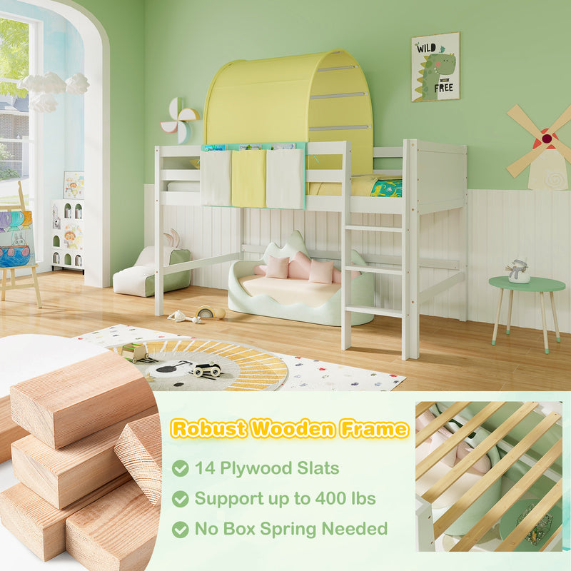 *Twin Size Loft Bed Playhouse Bed Frame with Tower Tent and 3 Storage Pockets - Turquoise