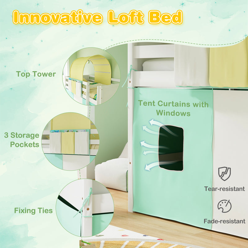 *Twin Size Loft Bed Playhouse Bed Frame with Tower Tent and 3 Storage Pockets - Turquoise