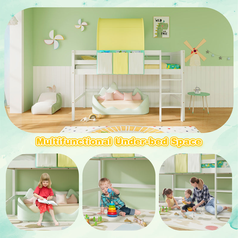 *Twin Size Loft Bed Playhouse Bed Frame with Tower Tent and 3 Storage Pockets - Turquoise