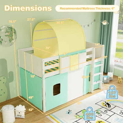 *Twin Size Loft Bed Playhouse Bed Frame with Tower Tent and 3 Storage Pockets - Turquoise