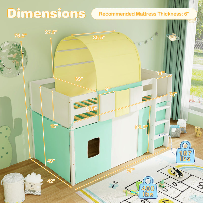 *Twin Size Loft Bed Playhouse Bed Frame with Tower Tent and 3 Storage Pockets - Turquoise