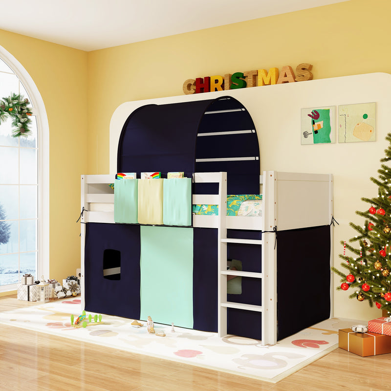 *Twin Size Loft Bed Playhouse Bed Frame with Tower Tent and 3 Storage Pockets - Navy