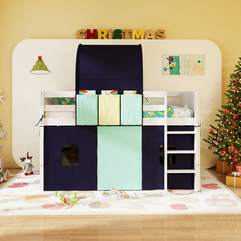 *Twin Size Loft Bed Playhouse Bed Frame with Tower Tent and 3 Storage Pockets - Navy