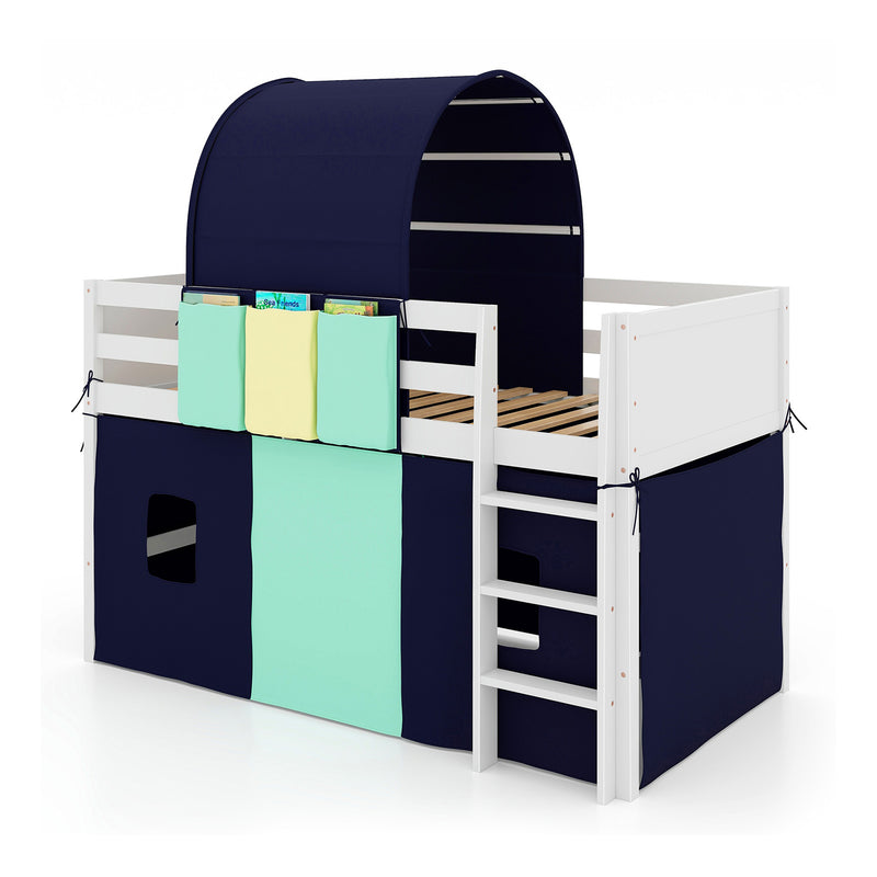 *Twin Size Loft Bed Playhouse Bed Frame with Tower Tent and 3 Storage Pockets - Navy