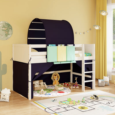 *Twin Size Loft Bed Playhouse Bed Frame with Tower Tent and 3 Storage Pockets - Navy