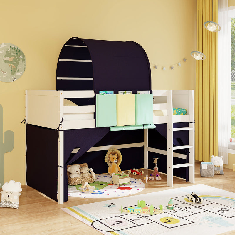 *Twin Size Loft Bed Playhouse Bed Frame with Tower Tent and 3 Storage Pockets - Navy