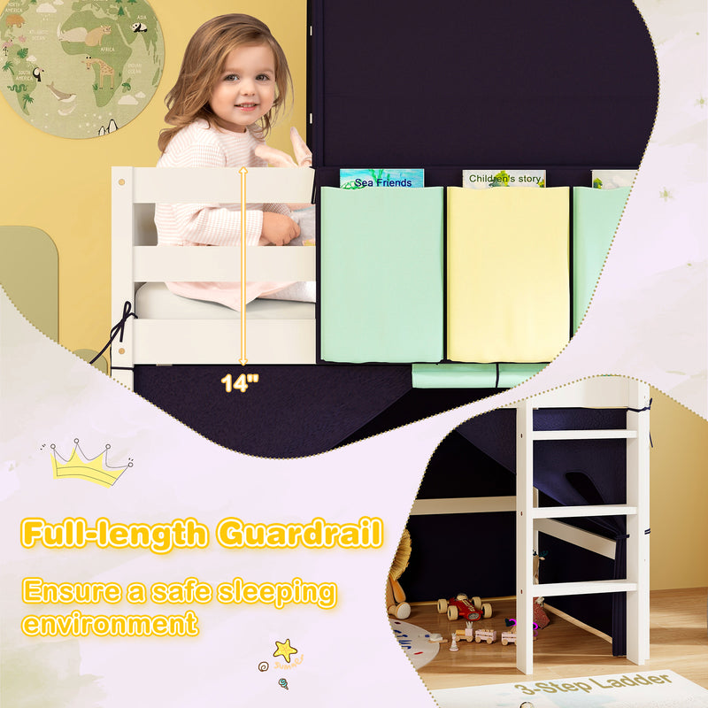 *Twin Size Loft Bed Playhouse Bed Frame with Tower Tent and 3 Storage Pockets - Navy