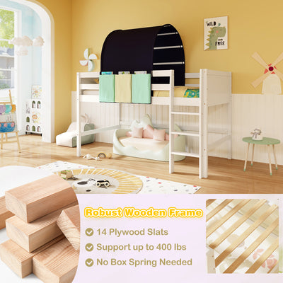 *Twin Size Loft Bed Playhouse Bed Frame with Tower Tent and 3 Storage Pockets - Navy