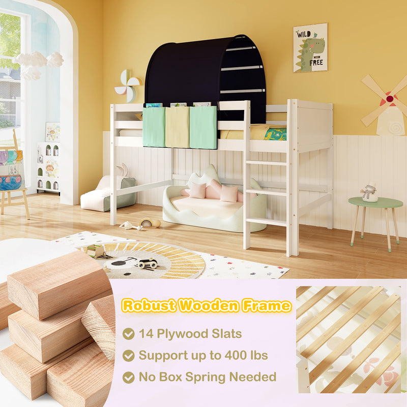 *Twin Size Loft Bed Playhouse Bed Frame with Tower Tent and 3 Storage Pockets - Navy