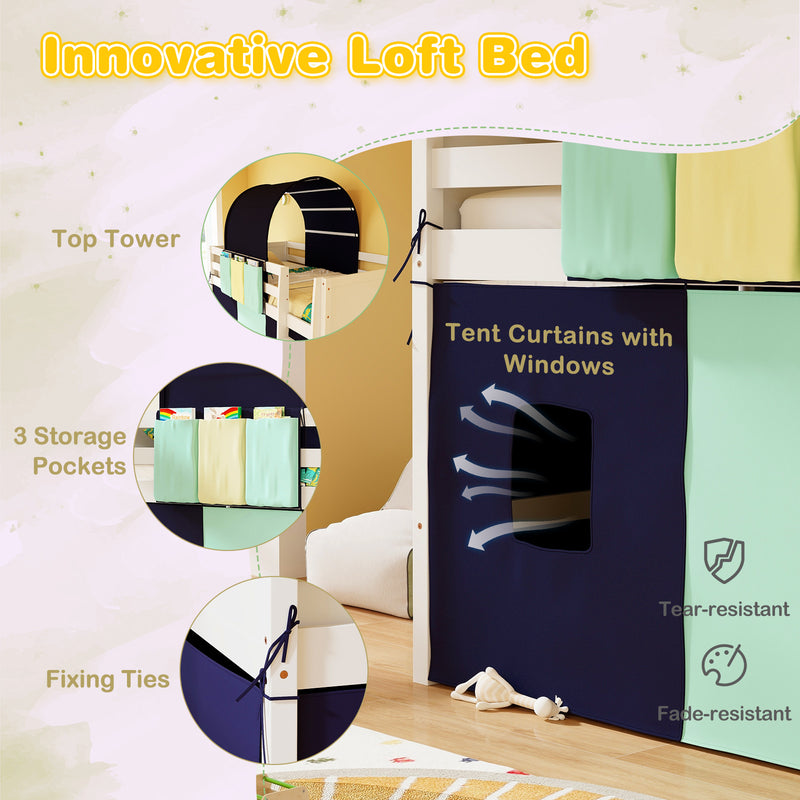 *Twin Size Loft Bed Playhouse Bed Frame with Tower Tent and 3 Storage Pockets - Navy