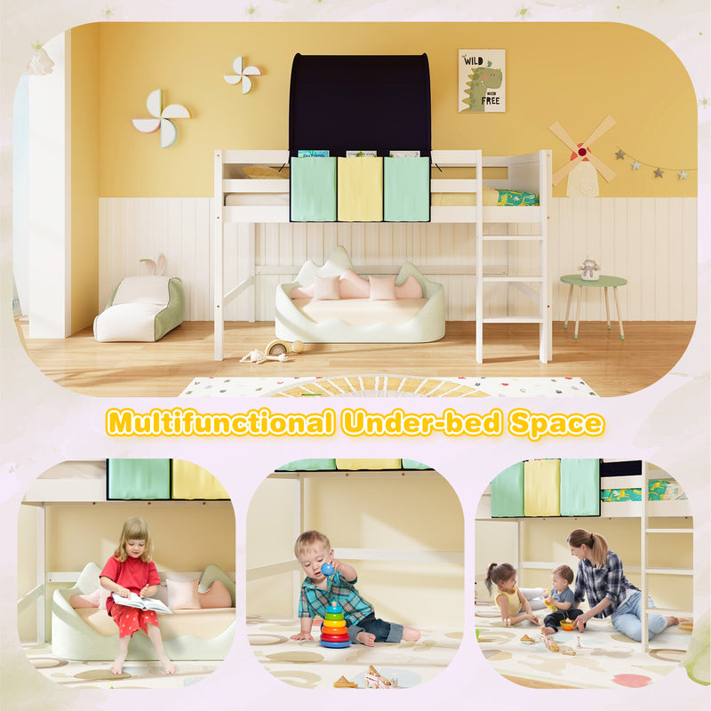 *Twin Size Loft Bed Playhouse Bed Frame with Tower Tent and 3 Storage Pockets - Navy