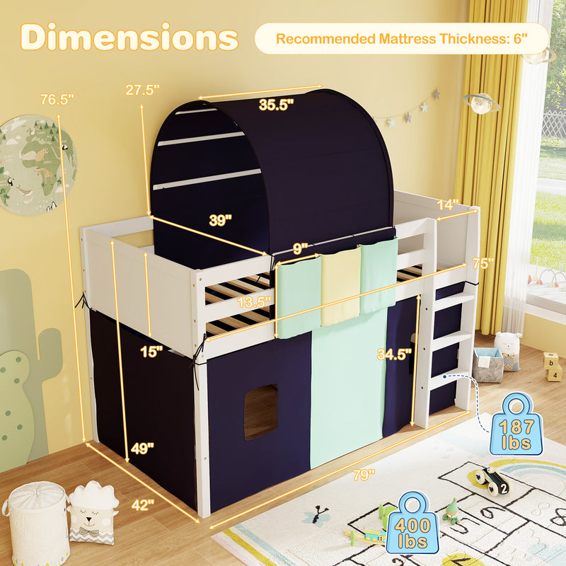 *Twin Size Loft Bed Playhouse Bed Frame with Tower Tent and 3 Storage Pockets - Navy