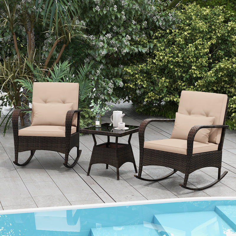 3 Piece Outdoor Rocking Set with Tempered Glass Coffee Table for Backyard Poolside-Brown