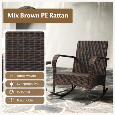 3 Piece Outdoor Rocking Set with Tempered Glass Coffee Table for Backyard Poolside-Brown