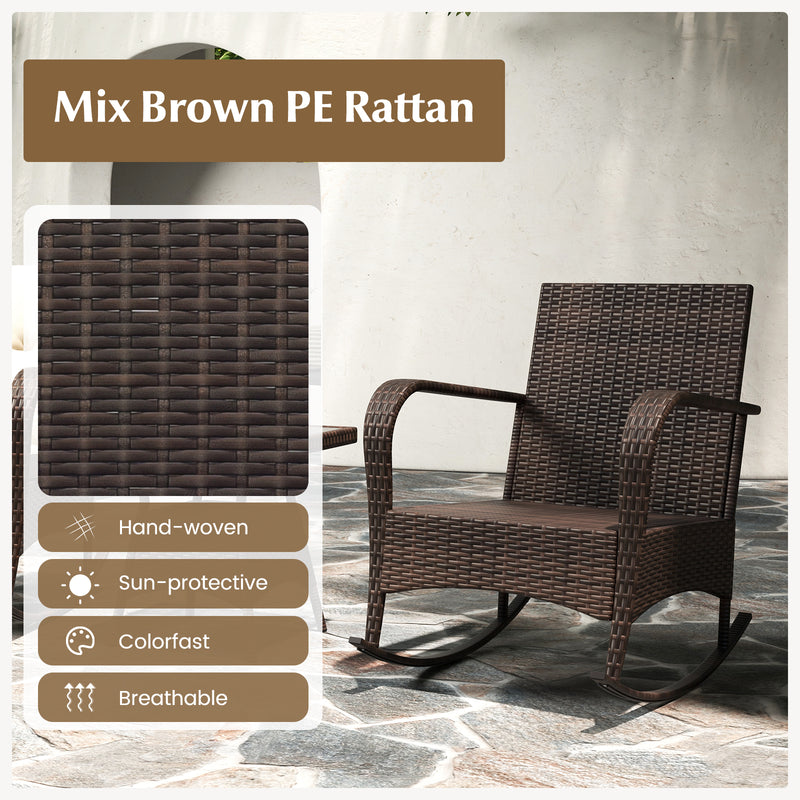 3 Piece Outdoor Rocking Set with Tempered Glass Coffee Table for Backyard Poolside-Brown