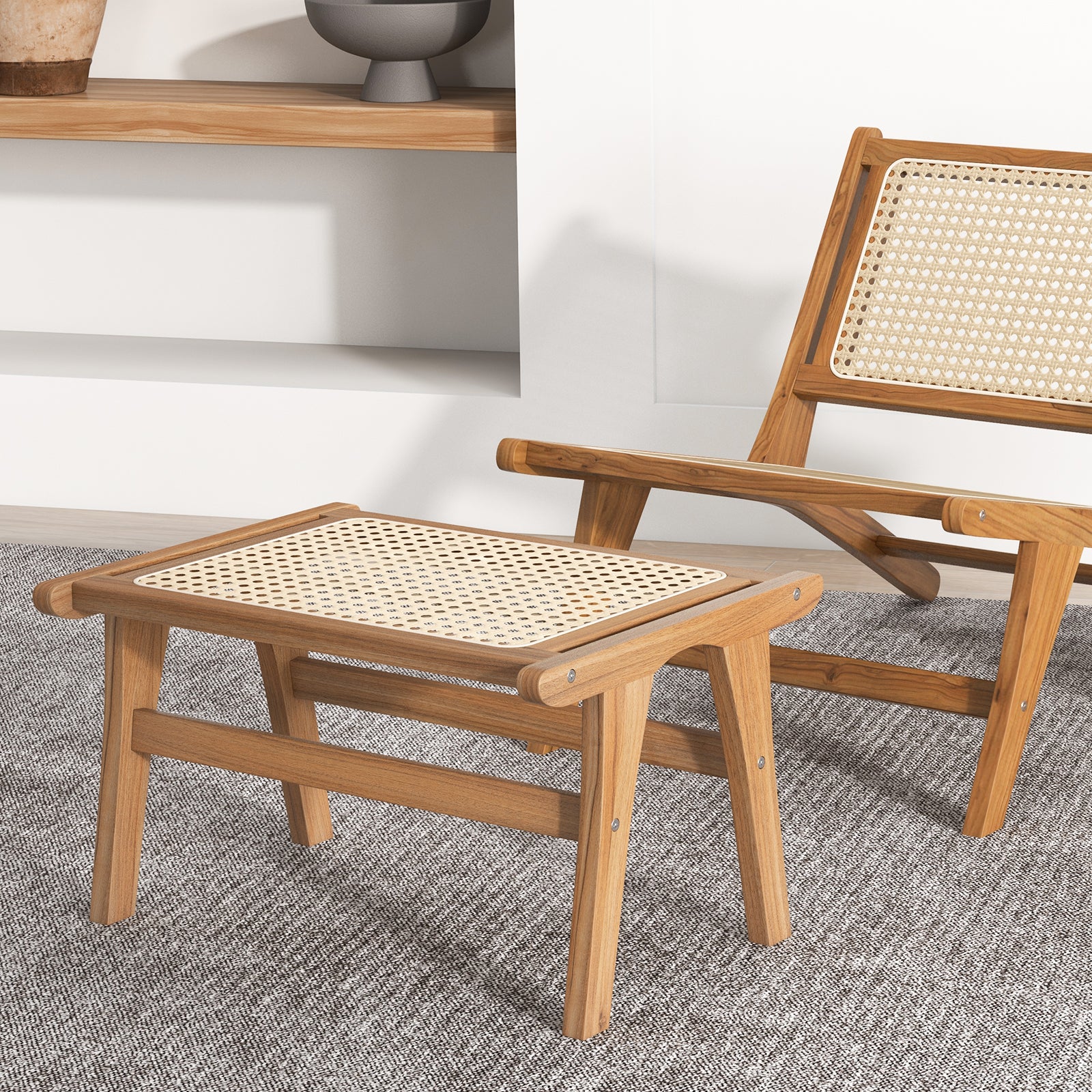 Modern Foot Rests Natural Teak Wooden Foot Rest with Handwoven Rattan