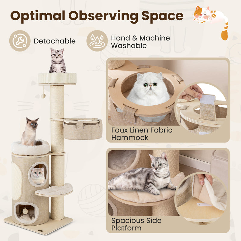 61 Inches Cat Tree for Indoor Cats with 2-stoery Condo and Top Perch-Natural