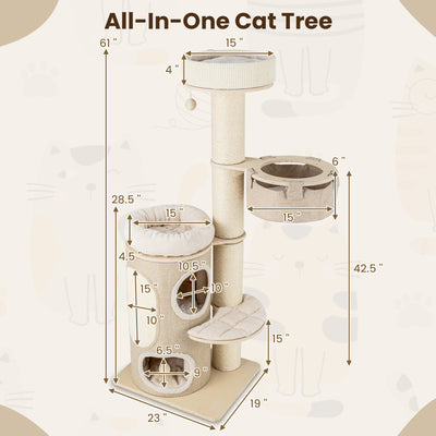61 Inches Cat Tree for Indoor Cats with 2-stoery Condo and Top Perch-Natural