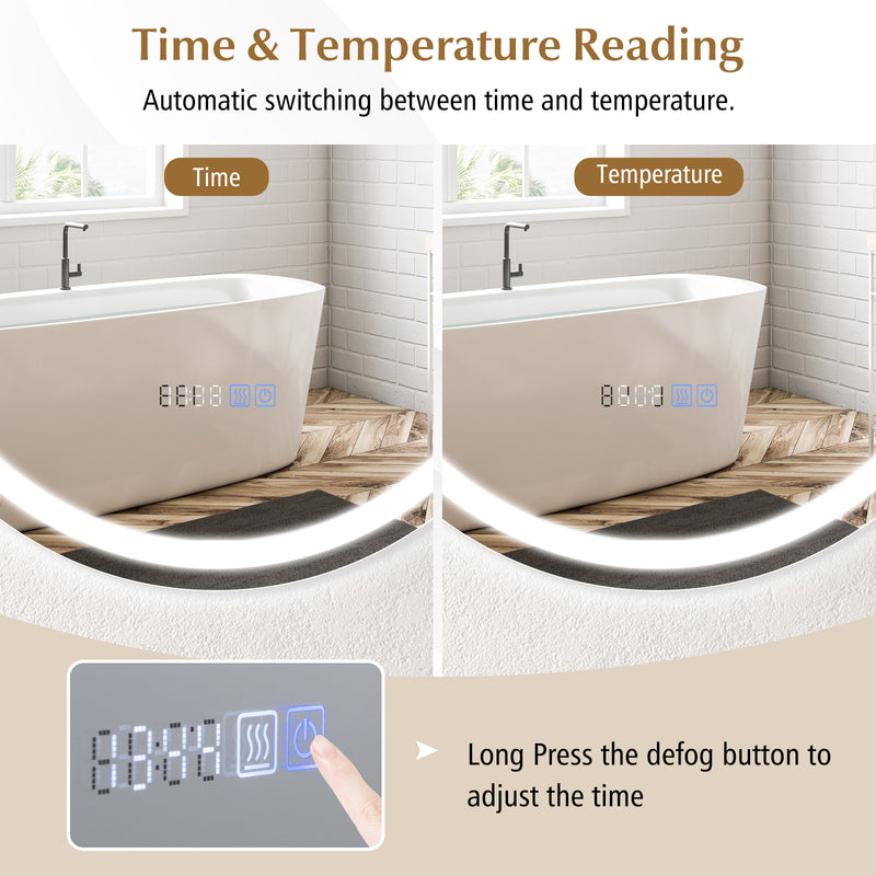 24 Inch Anti-Fog Bathroom Wall Mirror with 3-Color LED Lights and Temperature Display