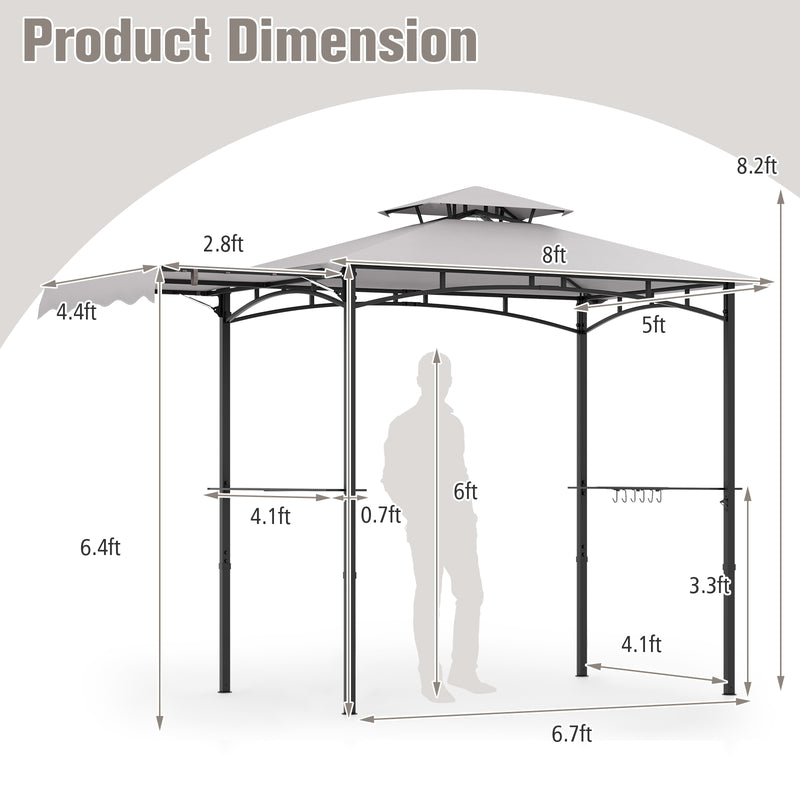 10.5 x 5 FT Grill Gazebo with Side Awning and Double-Tiered Top-Gray