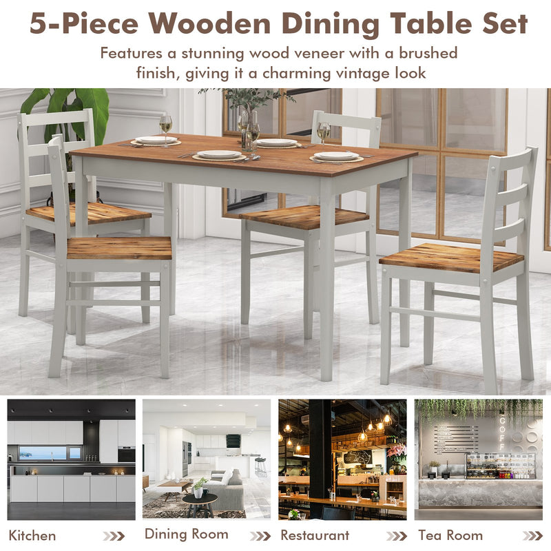 *5-Piece Wooden Dining Set with Rectangular Table and 4 Chairs - Coffee and White