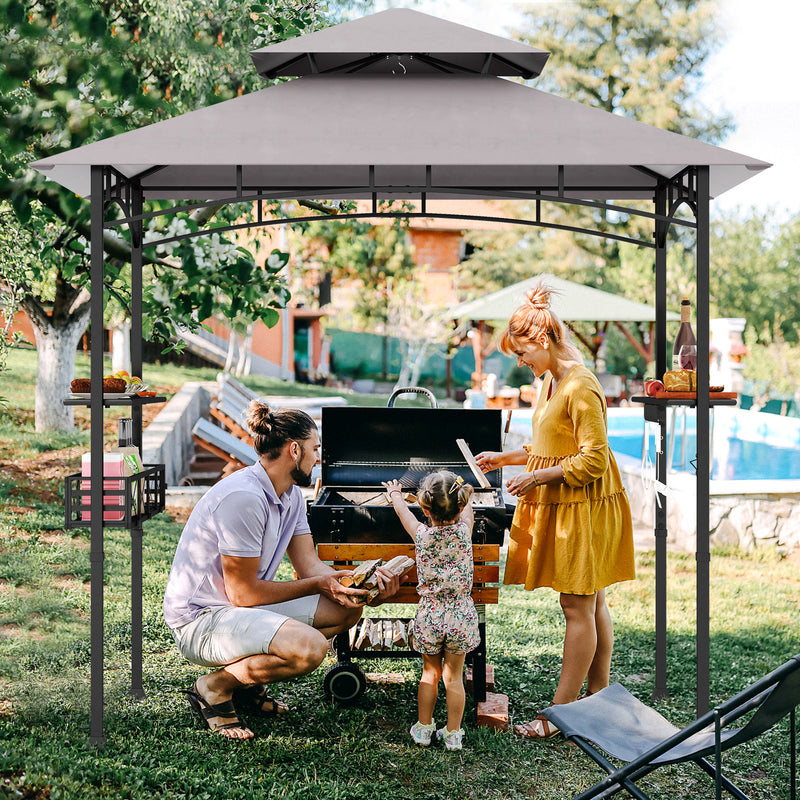 8 x 5 FT Outdoor Grill Gazebo with 2 Side Shelves and 20 Hooks-Gray