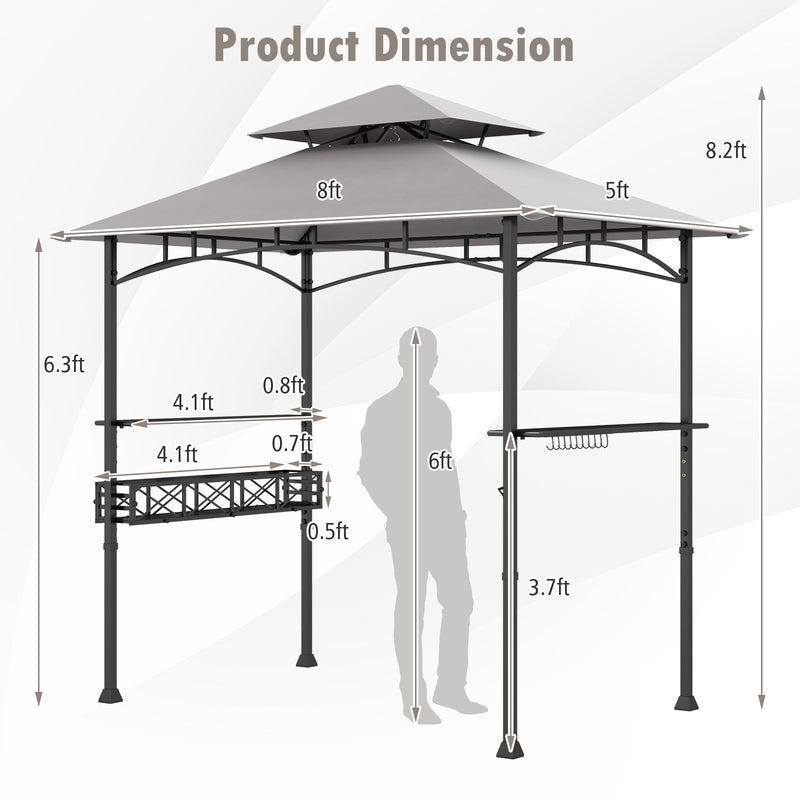 8 x 5 FT Outdoor Grill Gazebo with 2 Side Shelves and 20 Hooks-Gray
