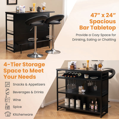 Kitchen Island with 4-Tier Storage Shelf and Long Footrest for Home-Black