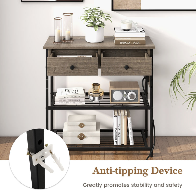 Narrow Console Table with 2 Drawers and 2 Metal Mesh Shelves-Gray