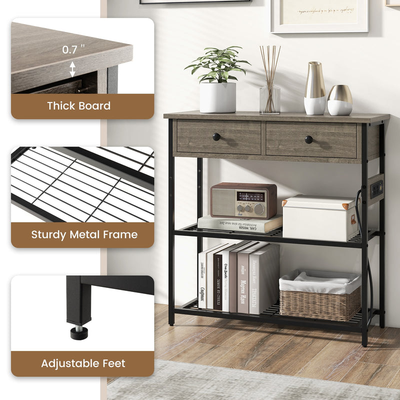Narrow Console Table with 2 Drawers and 2 Metal Mesh Shelves-Gray