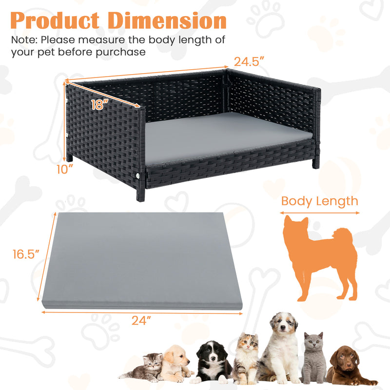 Rattan Dog Bed with Waterproof Soft Cushion for Medium Small Dogs Cats-Gray