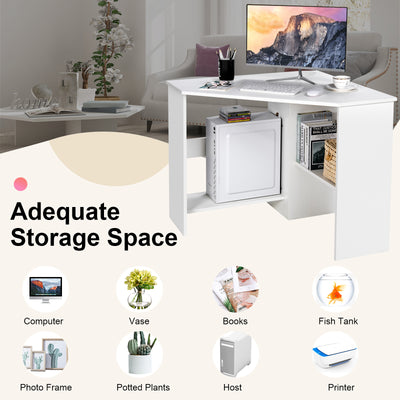 Corner Computer Desk Triangle Writing Workstation with Storage Shelf-White