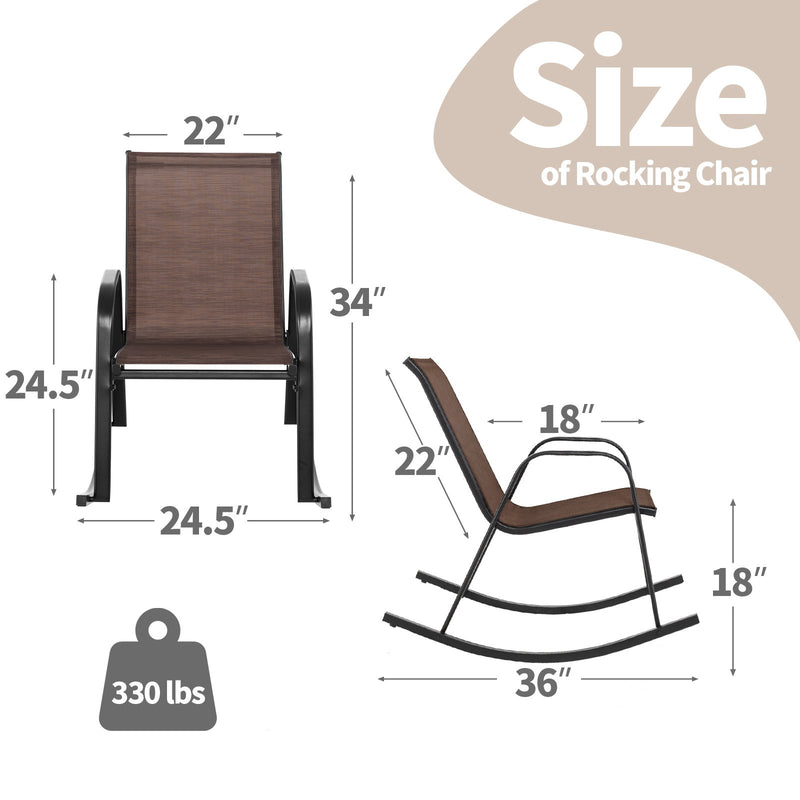 Set of 2 Heavy-Duty Metal Patio Rocking Chair with Breathable Seat Fabric-Brown