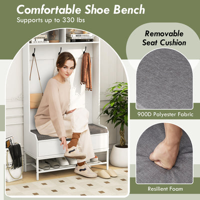 69 Inches Tall Hall Tree 4-in-1 Coat Rack with Seat Cushion and Shoe Storage-White