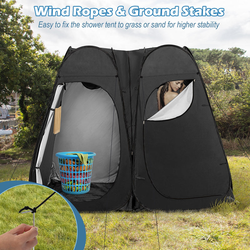*Oversized Pop Up Shower Tent with Window Floor and Storage Pocket - Black
