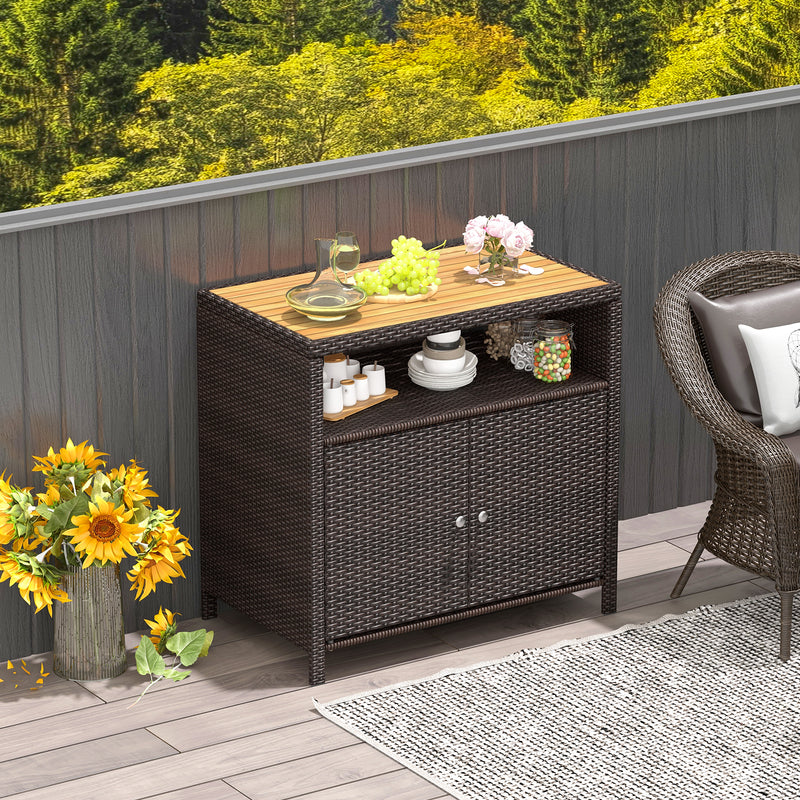 *Rattan Storage Cabinet with Acacia Wood Countertop for Poolside Deck and Patio - Brown