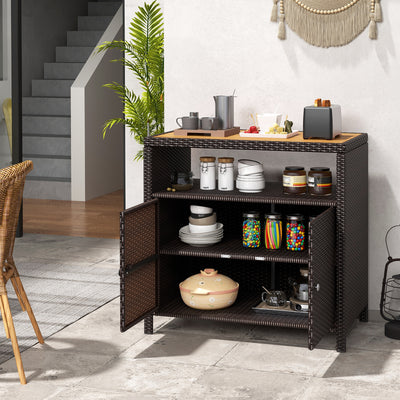 *Rattan Storage Cabinet with Acacia Wood Countertop for Poolside Deck and Patio - Brown