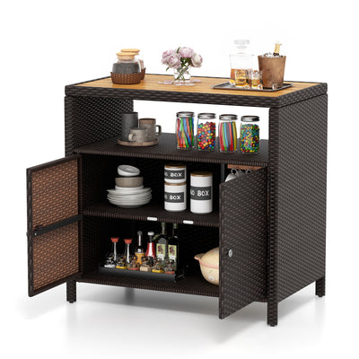 *Rattan Storage Cabinet with Acacia Wood Countertop for Poolside Deck and Patio - Brown