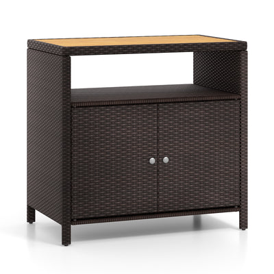 *Rattan Storage Cabinet with Acacia Wood Countertop for Poolside Deck and Patio - Brown