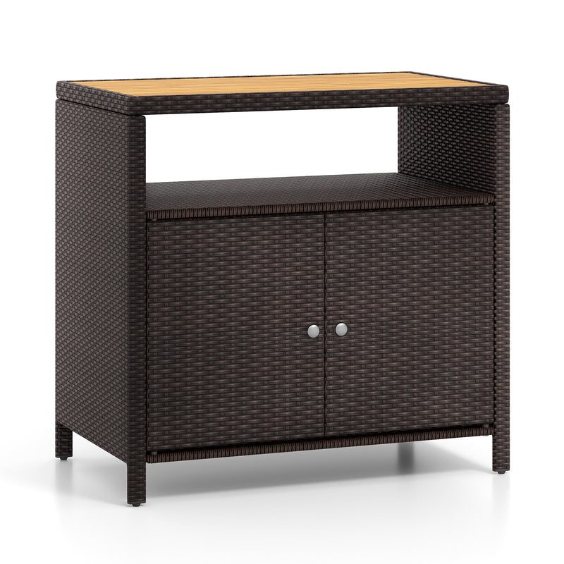 *Rattan Storage Cabinet with Acacia Wood Countertop for Poolside Deck and Patio - Brown
