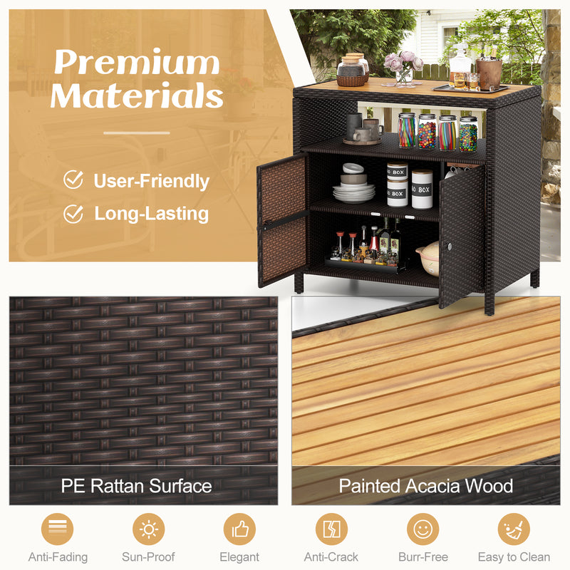 *Rattan Storage Cabinet with Acacia Wood Countertop for Poolside Deck and Patio - Brown